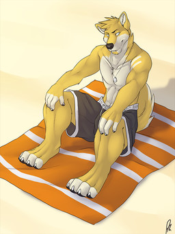 anthro black_bottomwear black_clothing black_nose black_shorts blue_eyes bottomwear clothed clothing fur head_tuft jewelry looking_at_viewer male male_anthro neck_tuft necklace shorts sitting smile solo topless tuft white_body white_fur yellow_body yellow_fur solaxe_(artist) solaxe canid canine mammal signature