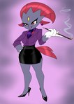 abstract_background anthro bottomwear clothed clothing ear_piercing ear_ring female footwear gloves_(marking) hand_on_hip high_heels kerchief lipstick makeup markings miniskirt neckerchief neckwear piercing red_eyes red_lipstick ring_piercing shoes skirt smile smoking_pipe solo wide_hips crovirus nintendo pokemon generation_4_pokemon pokemon_(species) weavile hi_res