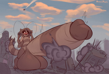 anthro balls big_balls big_penis blush city_destruction destroyed_building destruction genitals huge_balls huge_penis hyper hyper_balls hyper_genitalia hyper_penis macro male penis solo moonlitmoff arthropod blattodean cockroach insect hi_res