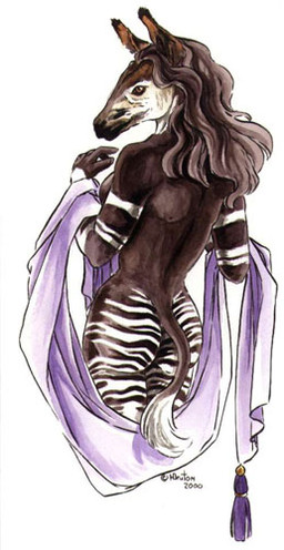 anthro back_boob biped breasts brown_body brown_fur brown_hair butt copyright_symbol female fur hair nude rear_view side_boob simple_background solo standing stripes symbol tail tail_tuft tuft white_background white_body white_fur heather_bruton giraffid mammal okapi 2000 low_res