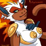 anthro blue_eyes breasts female fire fur looking_at_viewer one_eye_closed red_background simple_background smile solo white_body white_breasts white_fur wink kittiara nintendo pokemon generation_4_pokemon infernape mammal pokemon_(species) primate 1:1 digital_media_(artwork) low_res oekaki signature