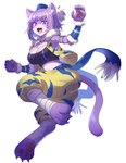 3_toes action_pose alternate_species anthro arm_warmers armwear bandage barefoot belt bottomwear breasts claws cleavage clothed clothing cosplay feet female female_anthro fur furrification hair hat headgear headwear jumping kemono midriff open_mouth open_smile pants paws pose purple_body purple_eyes purple_fur purple_hair shirt simple_background smile solo toes topwear vest white_background tomoyohi hololive trials_of_mana vtuber kevin_(trials_of_mana) okayu_nekomata domestic_cat felid feline felis mammal absurd_res hi_res