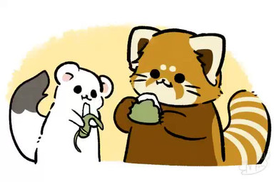 ambiguous_gender biped brown_body brown_fur chibi dot_eyes duo eating eyes_closed feral food fur simple_eyes white_body white_fur shi_nominmin ailurid mammal mustelid musteline red_panda stoat true_musteline weasel 2020 3:2 animated no_sound short_playtime video