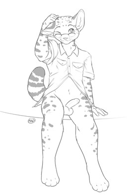 anthro balls biped bottomless bottomless_male closed_smile clothed clothing digitigrade eyebrows eyewear front_view genitals glans glasses half-erect humanoid_genitalia humanoid_penis inner_ear_fluff looking_up male markings mouth_closed navel one_eye_closed penis shirt simple_background sitting small_tail smile solo spots spotted_body tail topwear tuft whiskers white_background malachyte felid feline mammal serval 2015 clip_studio_paint_(artwork) digital_media_(artwork) hi_res monochrome