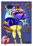 antennae_(anatomy) anthro big_breasts blue_body breasts clapping clothing crown duo female floating_hands footwear genitals headgear heart_symbol male navel pink_body purple_eyes pussy shoes text thick_thighs wings day74art kirby_(series) kirby_triple_deluxe nintendo kirby queen_sectonia arthropod bee hymenopteran insect english_text hi_res