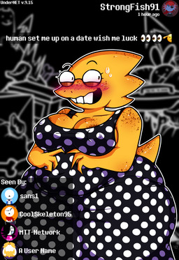 anthro areola areola_slip belly belly_overhang big_breasts black_clothing black_dress black_eyes blush blush_lines blushing_profusely bottom_heavy breasts brown_areola cleavage clothed clothing deep_navel dotted_dress dress eyelashes eyewear female freckled_areola freckled_arms freckled_breasts freckled_face freckled_shoulders freckled_tail freckles front_view glasses navel navel_outline nipple_outline nipples non-mammal_breasts non-mammal_navel non-mammal_nipples overweight overweight_anthro overweight_female pattern_clothing pattern_dress scales solo tail text thick_thighs wide_hips yellow_body yellow_scales meryo undertale_(series) alphys scalie english_text hi_res
