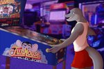 anthro arcade blue_eyes bottomwear clothing dorsal_fin fin grey_body male parody pinball red_bottomwear red_clothing red_shorts shirt shorts tank_top topwear ryukawa kajika_longfin cetacean dolphin mammal marine mouse murid murine oceanic_dolphin rodent toothed_whale