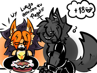 anthro black_body cake dessert duo fangs female food imagination male male/female smiley_face surprised teeth text white_eyes yellow_body roder_vasquez julie_(jhenightfox) rod_(r_96) canid canine canis fox mammal wolf spanish_text