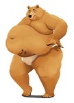 anthro belly big_belly brown_body brown_fur bulge clothing fur hand_on_belly holding_stomach humanoid_hands male moobs obese obese_male overweight overweight_male shadow simple_background solo standing underwear white_background white_clothing white_underwear feedtheboss bear mammal 2021 hi_res lineless