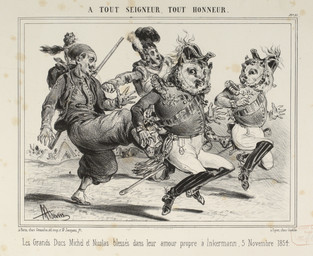 ambiguous_gender backpack boots clothing epaulet facial_hair feathers feral footwear for_a_head gloves goatee group gun hair handwear hat headgear headwear kicking_another male medal military_uniform mustache open_mouth outside ranged_weapon rifle sash scabbard shoes sitting sitting_on_another sitting_on_shoulders spurs text uniform weapon albert_adam michael_nikolaevich nicholas_nikolaevich animal_head animal_humanoid avian bird domestic_cat felid feline felis human humanoid mammal owl 1854 19th_century absurd_res ancient_art french_text greyscale hi_res lithograph_(artwork) monochrome traditional_media_(artwork) translated