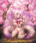 anthro blue_eyes breasts cherry_blossom cherry_blossom_tree cherry_tree collar collar_only female flower fruit_tree fur genitals hair knock-kneed leash multi_tail nipples nude outdoor_nudity outside pink_body pink_fur pink_hair plant prunus_(flower) pussy ribbons solo tail tree deymos iskra shirowretched canid canine fox mammal 2015 digital_media_(artwork) shaded