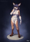 2022 aldea_(character) anthro areola breasts deer digital_media_(artwork) exposure_variation fawn_spots female fingers fluffy foxovh front_view fur genitals hair hi_res hooves inner_ear_fluff looking_at_viewer mammal markings navel nipples nude pussy shaded simple_background smile solo spots spotted_body spotted_fur tuft