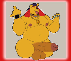 anthro backwards_baseball_cap backwards_hat balls baseball_cap big_balls big_butt big_muscles big_pecs big_penis brass_knuckles butt clock clothing ear_piercing erection eyebrows genitals gesture glans hand_gesture hat headgear headwear jewelry looking_at_viewer male melee_weapon middle_finger musclegut muscular necklace nipples nude obese overweight pecs penis piercing raised_eyebrow solo thick_thighs tongue tongue_out vein veiny_penis watch weapon wristwatch zackdadawg disney winnie_the_pooh_(franchise) pooh_bear thug_pooh_bear_(yifforroarts) bear mammal 2023 hi_res