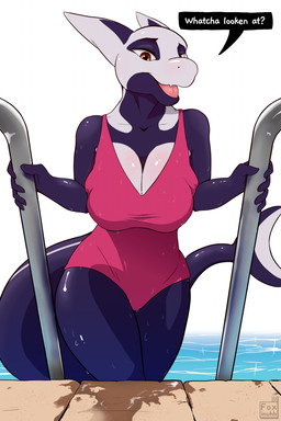 against_surface anthro big_breasts breast_squish breasts clothing curvy_figure dialogue female glistening glistening_body huge_breasts liquid looking_at_viewer looking_down looking_down_at_viewer one-piece_swimsuit shark_tail solo speech_bubble squish swimming_pool swimwear tail talking_to_viewer text thick_tail water wet foxinuhhbox cadil_(orca) aquatic cetacean dolphin fish mammal oceanic_dolphin orca scalie toothed_whale 2:3 absurd_res english_text hi_res