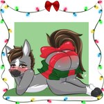 accessory anthro belly blush bow_(feature) bow_accessory bow_ribbon brown_eyes brown_hair bubble_butt butt chibi christmas_lights fur furgonomics grey_body grey_fur hair holidays leg_markings lying male markings nude on_front ribbons simple_background socks_(marking) solo tail tail_accessory tail_bow tail_ribbon white_belly white_markings momodesugart christmas dallas_prairiewind equid equine horse mammal 1:1 hi_res