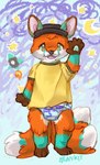 abstract_background anthro blue_background blue_body blue_fur brown_body brown_fur clean_diaper clothed clothing diaper fur gesture green_eyes hat headgear headwear male orange_body orange_fur purple_background shirt simple_background solo standing toddler topwear waving waving_at_viewer wearing_diaper white_body white_fur young young_anthro young_male blankit canid canine fox mammal