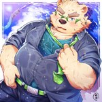 anthro belly blue_eyes blush bottomwear clothing eyewear glasses humanoid_hands kemono male necktie one_eye_closed overweight overweight_male pants shirt smoking solo topwear wet wink hinami lifewonders tokyo_afterschool_summoners leib_(tas) bear mammal polar_bear ursine 1:1 2021