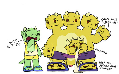 2_horns 9_heads anthro blue_clothing blue_footwear bodily_fluids bottomwear claws clothed clothing crotch_head cum cum_from_mouth cum_from_nose cum_in_mouth cum_in_nose cum_inside cum_on_clothing cum_on_footwear cum_on_ground cum_on_pants dickface duo feet flip_flops footwear genital_fluids green_arms green_body green_ears green_feet green_legs green_tail head_feet head_hands head_horn horn kerchief light_horn light_wings male monotone_horn multi_head neckerchief neckwear pants plantigrade purple_bottomwear purple_clothing purple_footwear purple_pants sandals sentient_penis shirt shocked shoes slippers smooth_horn speech_marker tail text topless topwear what why wing_claws wings yellow_arms yellow_body yellow_bottomwear yellow_clothing yellow_feet yellow_legs yellow_pants yellow_shirt yellow_topwear nomani_int32 european_mythology greek_mythology mythology tritoon_(nomani_int32) wasabi_(nomani_int32) dragon hydra mythological_creature mythological_scalie scalie western_dragon wyvern 16:10 english_text widescreen