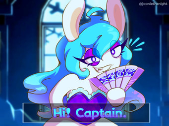 anthro blue_hair blurred_background clothed clothed_anthro clothed_female clothing dialogue dress eye_through_hair eyelashes fangs female female_anthro flat_chested fur hair hand_on_hip hand_on_own_hip holding_fan inside light long_ears long_hair multicolored_hair narrowed_eyes noseless paper_fan pupils purple_clothing purple_dress purple_eyelids purple_eyes smile smiling_at_viewer solo squint talking_to_viewer tan_inner_ear teeth text text_box toothy_grin translucent translucent_hair two_tone_hair wall_(structure) wavy_hair white_body white_fur white_pupils window yelling jooniethenight mario_plus_rabbids_sparks_of_hope nintendo raving_rabbids rayman_(series) ubisoft midnite_(mario_plus_rabbids) ghost hybrid lagomorph mammal rabbid spirit 2023 4:3 artist_name colored crossover digital_drawing_(artwork) digital_media_(artwork) english_description half-length_portrait lighting portrait shaded