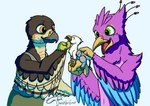 anthro avian_feet beak biped blue_body clothing feathered_crest feathered_wings feathers green_eyes group head_crest male micro pink_body scarf size_difference trio white_body winged_arms wings doesnotexist gyrotech mythology der gyro_feather lief_woodcock accipiter accipitrid accipitriform avian bird eurasian_sparrowhawk galliform gryphon mythological_avian mythological_creature peafowl phasianid true_hawk digital_media_(artwork) hi_res