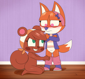 anthro assisted_exposure bangs barefoot blunt_bangs blush blush_stickers bottomwear bottomwear_down buckteeth clothed clothing crossed_arms dipstick_tail duo embarrassed feet female female/female flat_chested fur genitals green_eyes headgear headgear_only headwear headwear_only loli markings mostly_nude nude on_ground orange_body orange_fur pantsing partially_clothed pink_eyes shorts shorts_down tail tail_markings teeth vulva white_body white_fur young young_anthro young_female takaneru murphy_and_mitzi mitzi_(ajmarekart) vivian_(ajmarekart) canid canine fox mammal rodent sciurid tree_squirrel absurd_res hi_res