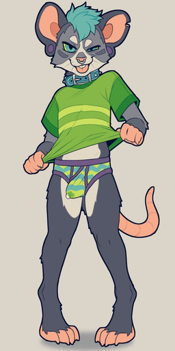 anthro barefoot blue_eyes bodily_fluids clothing collar ears_pierced erection erection_under_clothing facial_piercing feet fur genital_fluids green_sclera grey_body grey_fur hair male multicolored_body nose_piercing piercing precum shirt solo tail tongue tongue_out topwear two_tone_body underwear white_body white_fur no_entry simon_(no_entry) mammal murid murine rat rodent 2019 hi_res