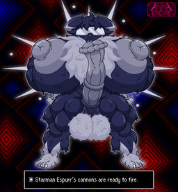 abs abstract_background animal_genitalia animal_penis anthro areola arm_hair arm_tuft balls barazoku barefoot biceps big_areola big_balls big_breasts big_muscles big_nipples big_penis blue_body blue_fur body_hair breast_tuft breasts butt_hair cheek_tuft chest_hair chest_tuft claws clothed clothing ear_markings equine_genitalia equine_penis erection eyewear facial_tuft feet flared_penis fluffy fluffy_balls fluffy_breasts fluffy_chest foreskin front_view fur fur_markings fusion genitals glasses glowing glowing_body grey_areola grey_nipples grey_penis gynomorph hair hairy_breasts hands_on_hips happy_trail head_tuft huge_areola huge_breasts huge_muscles huge_nipples huge_penis ineffective_clothing intersex leg_tuft markings medial_ring multicolored_body multicolored_fur muscular muscular_anthro muscular_arms muscular_gynomorph muscular_intersex muscular_legs muscular_thighs nipples nude penis pose psychic psychic_energy psychic_powers pubes saggy_balls serious shoulder_tuft solo spread_legs spreading standing sunglasses text text_box toe_claws tuft two_tone_body two_tone_fur visor white_body white_body_hair white_fur white_hair white_pubes annaengine earthbound_(series) nintendo pokemon fan_character espurr felid feline generation_6_pokemon mammal pokemon_(species) starman absurd_res crossover digital_drawing_(artwork) digital_media_(artwork) english_text hi_res busty_boy_(lore) male_(lore)