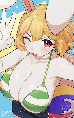 anthro ball beach_ball bent_ear big_breasts bikini bikini_top black_eyebrows blonde_hair blush blush_lines bottomwear breasts claws cleavage clothed clothing cotton_tail denim denim_bottomwear denim_clothing denim_shorts eyebrow_through_hair eyebrows eyelashes female finger_claws fur gesture glistening glistening_breasts green_bikini green_clothing green_swimwear hair hand_gesture high-angle_view holding_beach_ball huge_breasts inflatable looking_at_viewer one_eye_closed open_mouth open_smile pattern_bikini pattern_clothing pattern_swimwear red_eyes short_hair shorts smile solo spraying_water striped_bikini striped_clothing striped_swimwear stripes swimwear thick_thighs translucent translucent_hair two-piece_swimsuit v_sign white_bikini white_body white_clothing white_fur white_swimwear wide_hips wink winking_at_viewer arumo one_piece carrot_(one_piece) lagomorph leporid mammal minkmen_(one_piece) rabbit 2025 5:8 hi_res portrait signature three-quarter_portrait