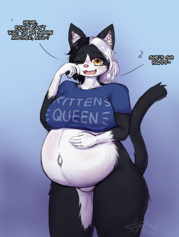 anthro bodily_fluids bottomless breasts clothed clothing crying featureless_crotch female female_anthro fur hair hand_on_belly hand_on_own_belly happy looking_at_viewer multicolored_body multicolored_fur multicolored_hair navel outie_navel pregnant pregnant_anthro pregnant_female shirt shirt_only solo standing t-shirt t-shirt_only tears tears_of_joy topwear topwear_only wiping_tears syst combat_cat_studio wild_assault erwin_(wild_assault) domestic_cat felid feline felis mammal absurd_res hi_res sketch
