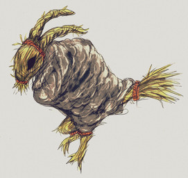 ambiguous_gender bag black_sclera feral grey_background simple_background solo tail wheat white_background yellow_body yellow_ears yellow_tail strawgoatcult animate_inanimate bovid caprine demon goat mammal monster 2026 english_description full-length_portrait hi_res portrait