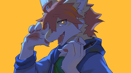 anthro blue_clothing blue_jacket blue_topwear cheek_tuft clothed clothing facial_tuft fur glistening glistening_eyes green_clothing green_topwear hair holding_tablet_pen jacket looking_at_viewer male male_anthro messy_hair multicolored_eyes open_mouth open_smile orange_eyes orange_hair short_hair simple_background smile solo topwear tuft two_tone_eyes white_body white_fur yellow_background yellow_body yellow_eyes yellow_fur young young_anthro young_male kuttoyaki mythology kutto dragon furred_dragon furred_scalie mythological_creature mythological_scalie scalie 16:9 bust_portrait hi_res portrait widescreen