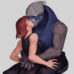 bodypaint claws clothing duo face_paint female female_human female_on_humanoid hair hug human_on_humanoid interspecies intimate kissing larger_male male male/female male_humanoid male_on_human muscular muscular_male not_furry red_hair romantic romantic_couple scar shirt sitting size_difference smaller_female standing tank_top topwear leafjuly bioware electronic_arts mass_effect commander_shepard female_shepard garrus_vakarian alien human humanoid mammal turian 1:1 2026 digital_media_(artwork) hi_res watermark
