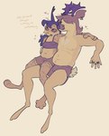 anthro antlers arm_around_partner arm_around_shoulders belly blush blush_lines bottomwear boxers_(clothing) bra breasts chest_tuft clothed clothed_anthro clothed_male clothing duo ear_piercing facial_hair female hair heart_symbol hooves horn leg_over_thigh male male/female mustache open_mouth piercing ring shorts simple_background sitting slightly_chubby slightly_chubby_anthro slightly_chubby_female slightly_chubby_male small_breasts sports_bra tail text topless topless_anthro topless_male tuft underwear sabanasmiles aubrey_lebeau kuri_lebeau cervine deer eurasian_lynx fallow_deer felid feline lynx mammal digital_drawing_(artwork) digital_media_(artwork) english_text hi_res