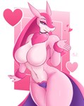 big_breasts blowing_kiss breasts chest_tuft curvy_figure detailed_tail featureless_breasts female heart_symbol hourglass_figure pink_body seductive simple_background thick_thighs tuft sulldfox palworld pocketpair lovander pal_(species) scalie absurd_res hi_res shaded