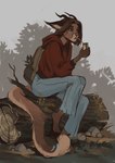 anthro beverage blue_bottomwear blue_clothing blue_eyes blue_pants bottomwear brown_body brown_fur brown_hair brown_horn clothed clothing drinking ears_back female fur grass hair holding_beverage holding_object hoodie horn log mouth_closed narrowed_eyes outside pants pivoted_ears plant red_clothing red_hoodie red_topwear sitting solo topwear wood marie_merkh marie_(marie_merkh) species_request absurd_res full-length_portrait hi_res portrait