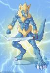 4_toes 5_fingers angry anthro anthrofied blue_background blue_body claws electricity feet fingers front_view holding_object holding_weapon looking_aside male melee_weapon muscular muscular_anthro muscular_male nipples nude simple_background solo standing sword text toes weapon geminisaint nintendo pokemon dialuca01 fan_character manny_raibolt generation_3_pokemon manectric pokemon_(species) 2014 url watermark