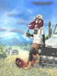 africa anthro binoculars biped boots bottomwear brown_body brown_fur brown_hair canteen car clothed clothing cloud detailed_background female feral fluffy fluffy_tail footwear fur group hair hat headgear headwear long_hair mountain multicolored_body multicolored_fur nature outside red_hair savanna shirt shoes shorts sky smile solo_focus stripes tail topwear two_tone_body two_tone_face two_tone_fur vehicle white_body white_fur kacey land_rover safari candi_(kacey) ailurid equid equine mammal red_panda zebra 2005 traditional_media_(artwork)