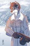 5_fingers anthro clothing fingers fur gloves gun hair handwear humanoid_hands male military_uniform mountain outside ranged_weapon rifle snow solo uniform weapon heresy_(artist) canid canine canis mammal wolf 2023 hi_res signature sketch