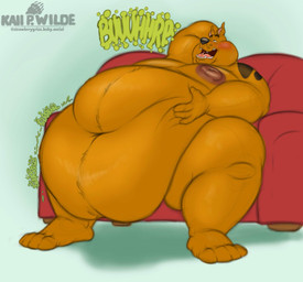 anthro areola belly big_belly blush burping fangs fur furniture gurgle_(sound_effect) half-closed_eyes hand_behind_head hand_on_belly male markings morbidly_obese morbidly_obese_anthro morbidly_obese_male narrowed_eyes navel nipples nude obese obese_anthro obese_male on_sofa open_mouth overweight overweight_anthro overweight_male paws rumbling_stomach sagging_belly sitting sitting_on_sofa sofa solo sound_effects spots spotted_body spotted_fur spread_legs spreading teeth text tongue husky2paws hanna-barbera scooby-doo_(series) scooby-doo canid canine canis domestic_dog great_dane mammal mastiff molosser 2026 hi_res signature