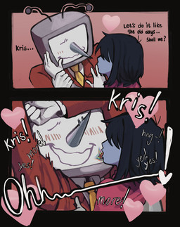 ambiguous_gender black_hair blue_body blue_skin blush blush_lines dialogue duo electronics eyeless face_lick for_a_head hair heart_symbol licking male male/ambiguous necktie not_furry pointy_nose screen screen_face smile television text tongue mimimimin deltarune undertale_(series) kris_dreemurr tenna_(deltarune) darkner human humanoid mammal object_head screen_head tv_head absurd_res comic english_text hi_res
