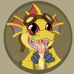 banana bodily_fluids chibi circle claws eating eating_food eyewear eyewear_on_head female food food_in_mouth frill_(anatomy) fruit goggles goggles_on_head membrane_(anatomy) membranous_frill open_mouth outline plant saliva saliva_on_tongue saliva_string simple_background smile solo teeth tongue wings yellow_body vorekingdom angels_with_scaly_wings european_mythology mythology adine_(angels_with_scaly_wings) dragon mythological_creature mythological_scalie scalie western_dragon wyvern 1:1 digital_media_(artwork) hi_res