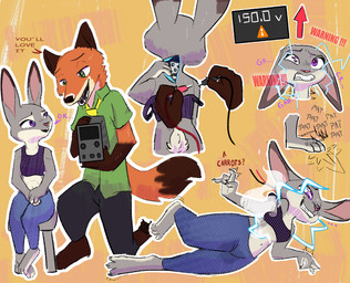anthro clothed clothing duo electric_shock electricity electrostimulation female fur grey_body grey_fur machine male male/female malfunction nervous nervous_smile simple_background smoke spasm tail text pimientanas disney zootopia judy_hopps nick_wilde canid canine fox lagomorph leporid mammal rabbit red_fox robot true_fox english_text