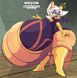 anthro big_breasts big_butt boots breasts butt cigarette clothing cosplay crossover_cosplay crown dress ear_piercing female footwear green_eyes hair half-closed_eyes headgear high_heeled_boots high_heels holding_cigarette holding_object huge_breasts huge_butt huge_hips huge_thighs hyper hyper_breasts looking_at_viewer narrowed_eyes open_mouth piercing question_mark shoes solo speech_bubble tan_body text thick_thighs white_hair wide_hips wings joeblaydesign sega sonic_the_hedgehog_(series) venture_brothers dr._mrs._the_monarch rouge_the_bat bat mammal crossover english_text hi_res