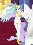 anthro dialogue female horn irl_trace midriff navel pose solo stained_glass stairs text wings fab3716 friendship_is_magic hasbro my_little_pony mythology princess_celestia_(mlp) equid equine mammal mythological_creature mythological_equine winged_unicorn french_text hi_res pinup translated