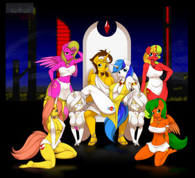 bandeau beard big_breasts blonde_hair blue_eyes blue_hair bottomwear breasts brown_eyes brown_hair building chair clothed clothing crown cutie_mark facial_hair feathered_wings feathers female footwear furniture gem green_eyes green_hair group hair harem headgear horn jewelry kneeling loincloth looking_at_viewer male miniskirt multicolored_hair necklace nipple_outline penheart pink_hair sandals shoes sitting skimpy skirt starshower throne toga topwear two_tone_hair window wings yellow_eyes brushstroke kloudmutt hasbro my_little_pony mythology fan_character lightningheart ruby_lovebloom sunkiss equid equine mammal mythological_creature mythological_equine pegasus unicorn winged_unicorn 2013 absurd_res digital_media_(artwork) hi_res