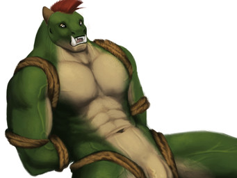 bdsm bondage bound male mohawk muscular muscular_male muscular_sub restraints rope rope_bondage solo submissive submissive_male mamaubear nemu_(mamaubear) humanoid orc 4:3 absurd_res hi_res