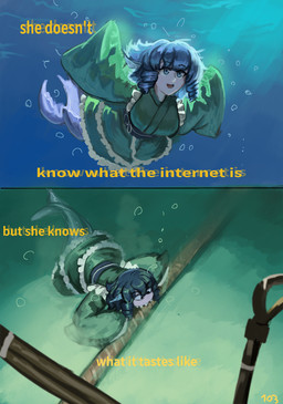 air_bubble asian_clothing bite blue_eyes blue_hair cable clothed clothed_female clothing drill_curls ear_fins east_asian_clothing female fin green_clothing green_kimono hair japanese_clothing kimono obi obijime open_mouth open_smile sash sharp_teeth sidelocks smile solo split_form teeth text underwater water wide_sleeves 103anon nevermind_(nirvana) nirvana shark_biting_undersea_cable touhou wakasagihime aquatic merfolk 2026 2koma comic english_text hi_res
