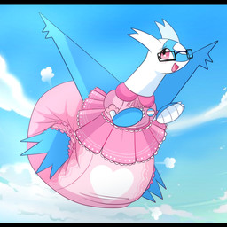 3_fingers ambiguous_gender big_diaper black_eyewear black_glasses blue_body blue_wings blush blush_lines claws clean_diaper clothed clothing cloud cloud_emanata diaper diaper_puff dress emanata eyewear feral finger_claws fingers glasses heart_clothing heart_diaper heart_symbol heart_underwear layered_diaper lgbt_pride multicolored_body open_mouth open_smile pink_clothing pink_dress pride_colors pride_pin rectangular_glasses sky sky_background skyscape smile solo transgender_pride_colors two_tone_body underwear wearing_diaper wearing_glasses white_body wings jupiters nintendo pokemon generation_3_pokemon latios legendary_pokemon pokemon_(species) hi_res letterbox trans_(lore) trans_woman_(lore)