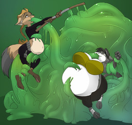 anthro big_breasts black_clothing black_shirt black_topwear breasts brown_body brown_fur clothing female fur green_background green_body grey_body grey_fur group inflation penetration sex shirt simple_background slime tentacle_penetration tentacle_sex tentacles topwear trio krystalvix canid canine domestic_cat felid feline felis fox goo_creature mammal 2018 hi_res