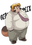 anthro belly big_belly bottomwear clothing eyewear glasses kemono male mature_male necktie overweight overweight_male pants shirt solo topwear wantaro tentama canid canine mammal raccoon_dog tanuki 2023